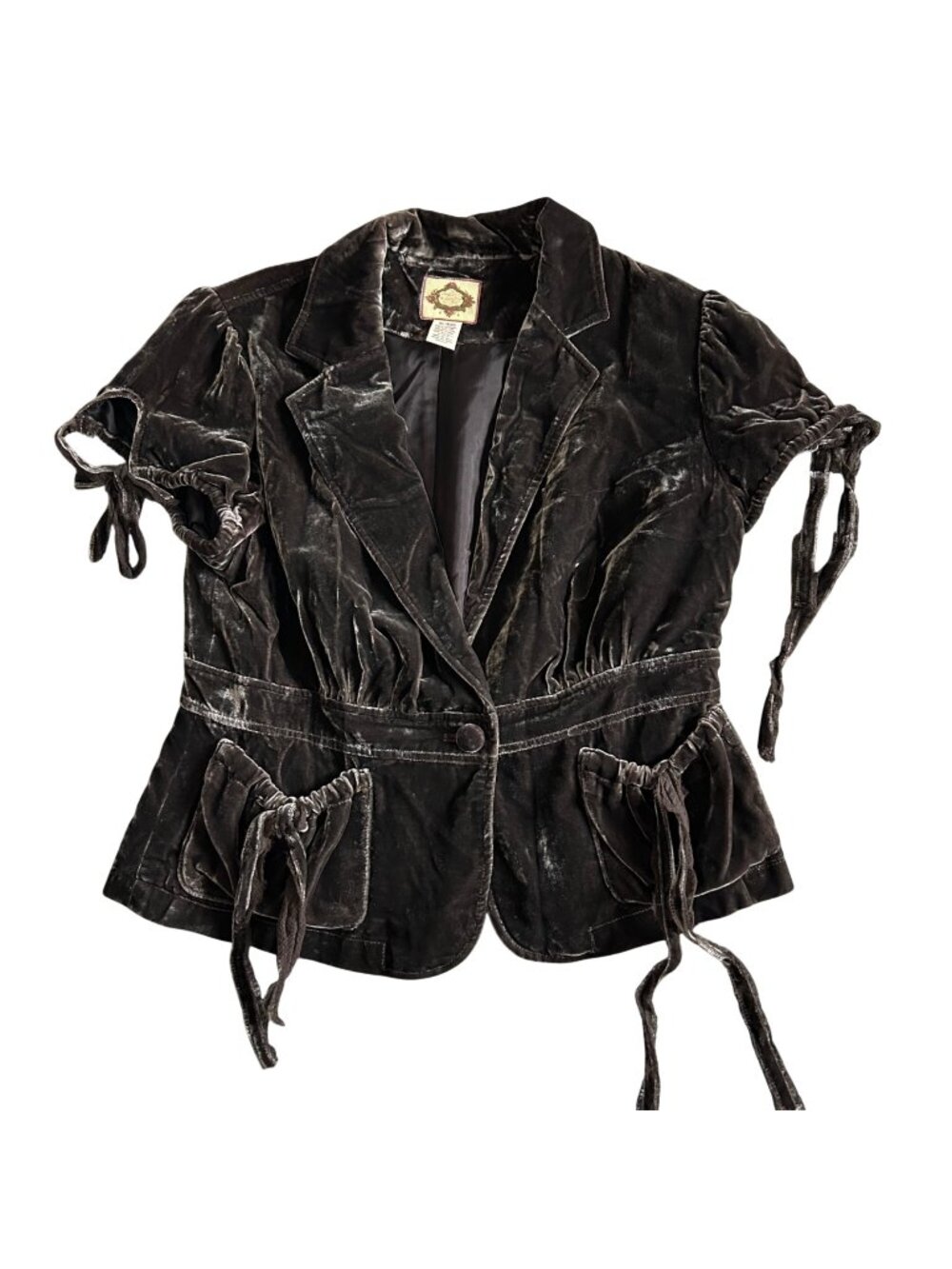 Velvet Short-Sleeve Blazer with Tie Details - Dark Brown